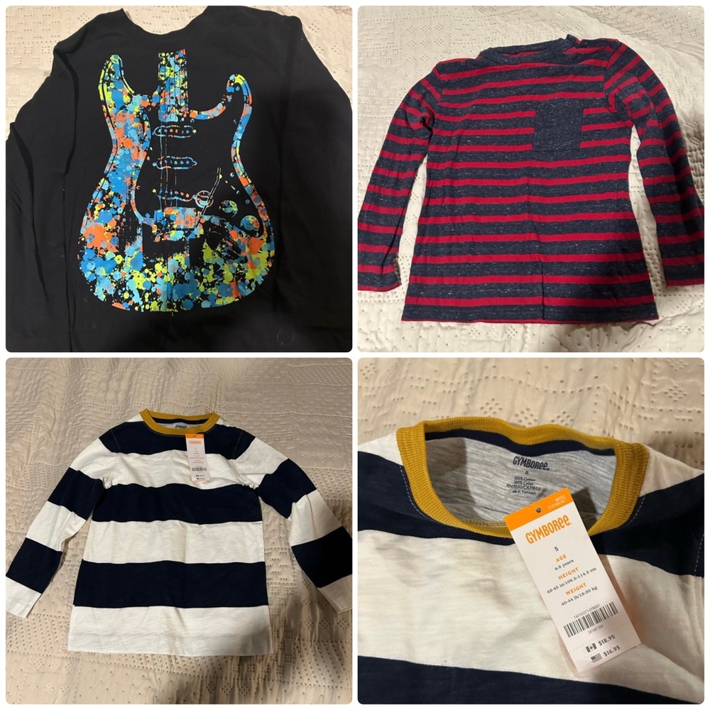 Place Black Guitar Tee, Red and Blue Striped and Gymboree Gold and White Stripe